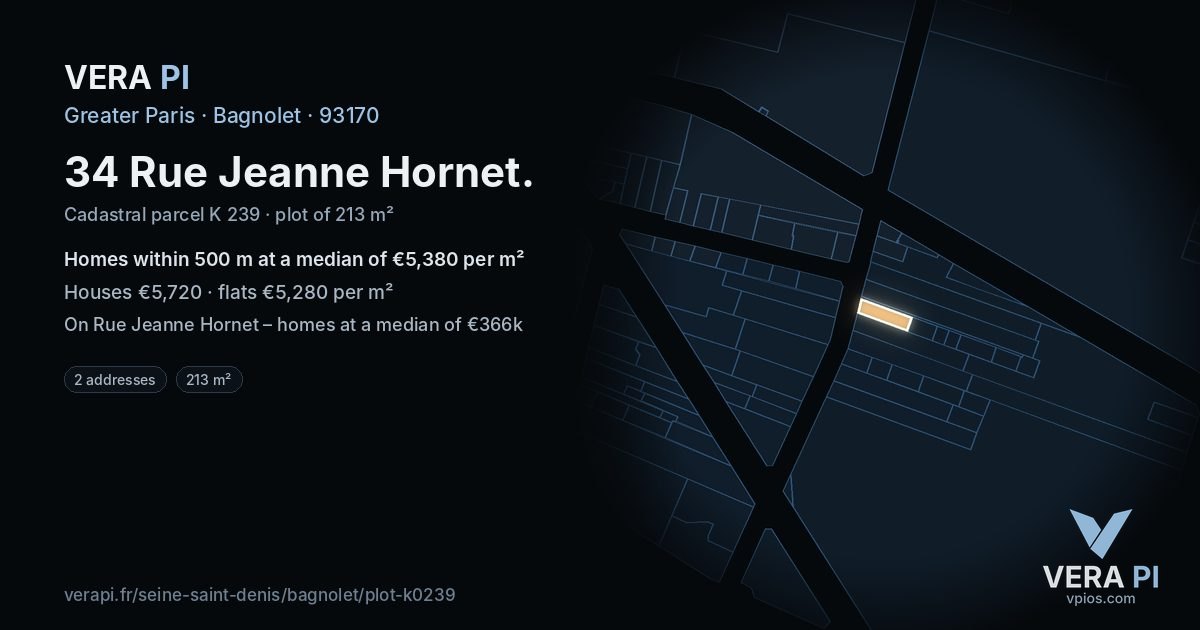 34 Rue Jeanne Hornet, Bagnolet at night – the plot lit, the parcels around coloured by the prices near them