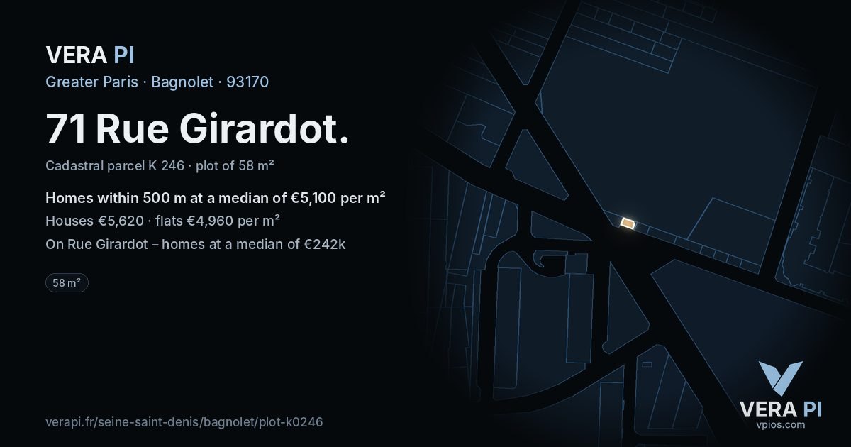 71 Rue Girardot, Bagnolet at night – the plot lit, the parcels around coloured by the prices near them
