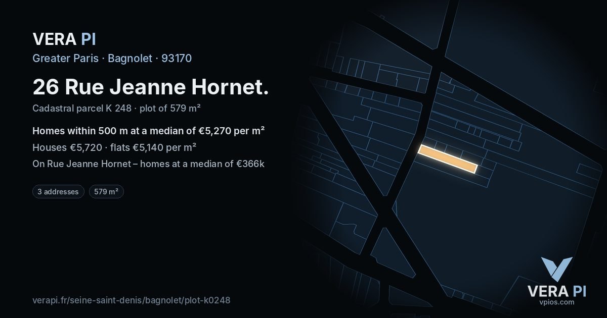 26 Rue Jeanne Hornet, Bagnolet at night – the plot lit, the parcels around coloured by the prices near them
