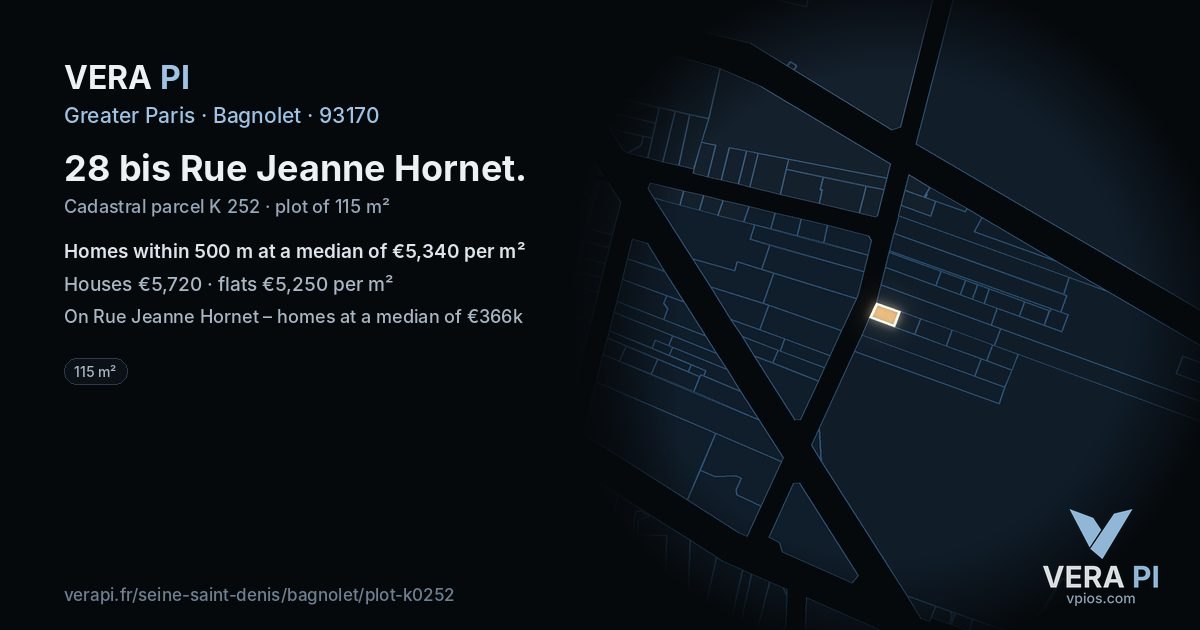 28 bis Rue Jeanne Hornet, Bagnolet at night – the plot lit, the parcels around coloured by the prices near them