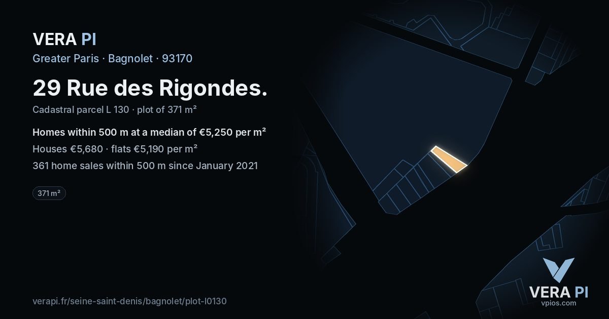 29 Rue des Rigondes, Bagnolet at night – the plot lit, the parcels around coloured by the prices near them