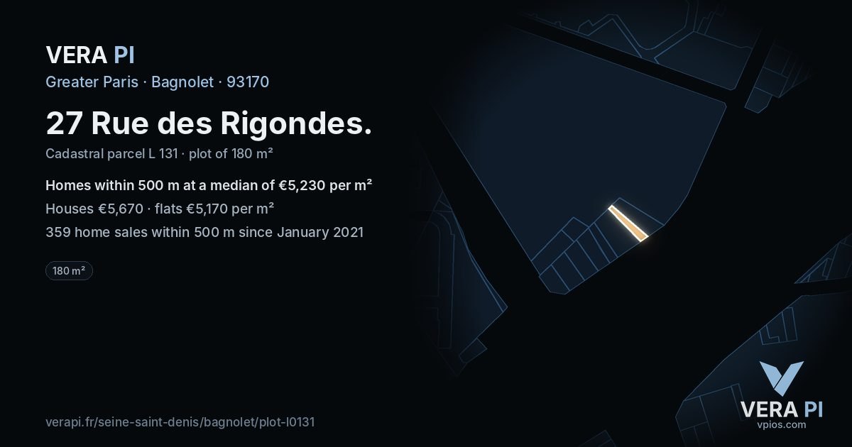 27 Rue des Rigondes, Bagnolet at night – the plot lit, the parcels around coloured by the prices near them
