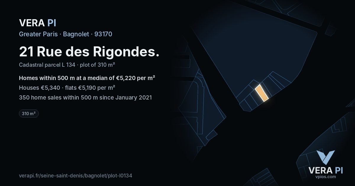 21 Rue des Rigondes, Bagnolet at night – the plot lit, the parcels around coloured by the prices near them