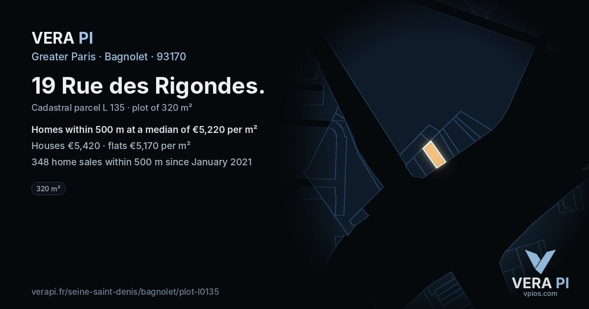 19 Rue des Rigondes, Bagnolet at night – the plot lit, the parcels around coloured by the prices near them