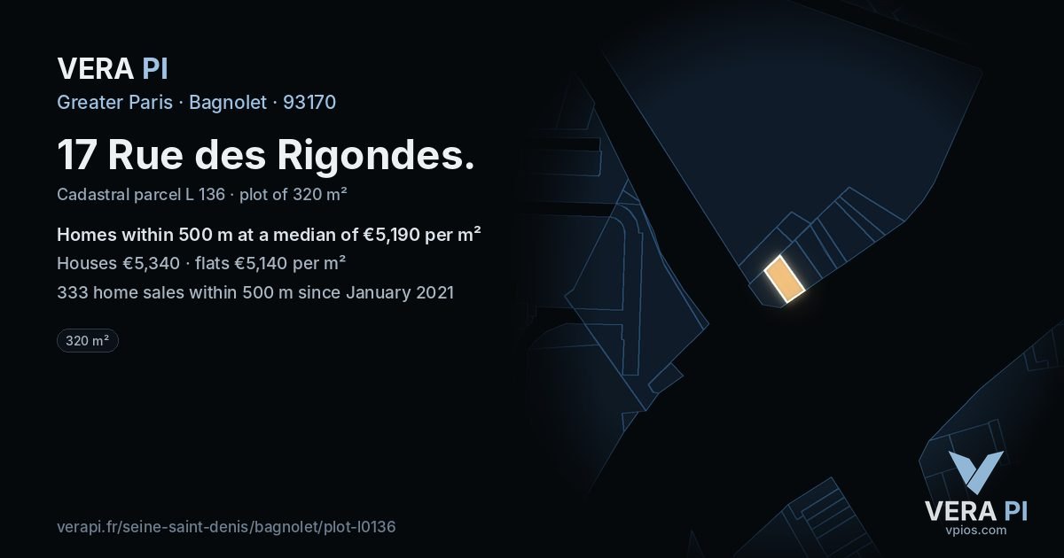 17 Rue des Rigondes, Bagnolet at night – the plot lit, the parcels around coloured by the prices near them