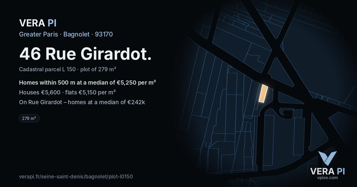 46 Rue Girardot, Bagnolet at night – the plot lit, the parcels around coloured by the prices near them
