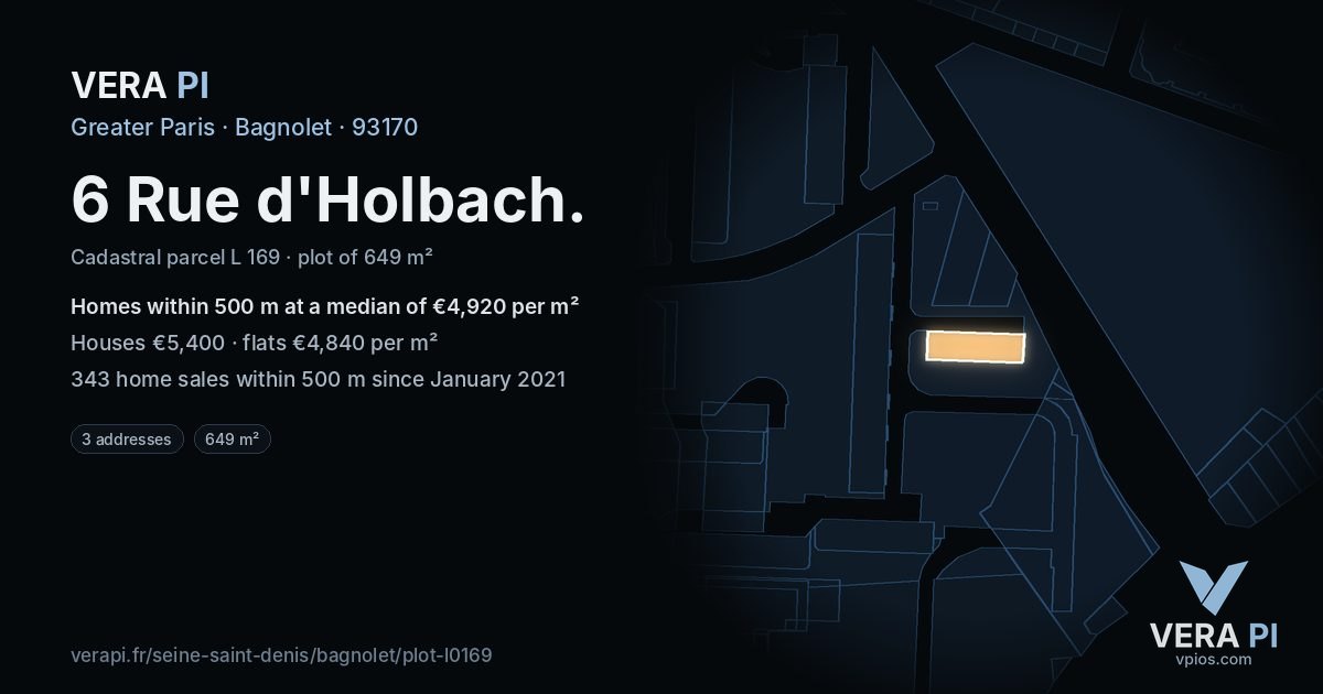 6 Rue d'Holbach, Bagnolet at night – the plot lit, the parcels around coloured by the prices near them