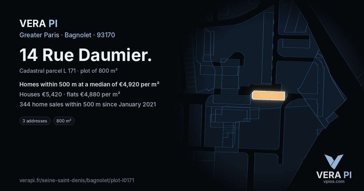 14 Rue Daumier, Bagnolet at night – the plot lit, the parcels around coloured by the prices near them