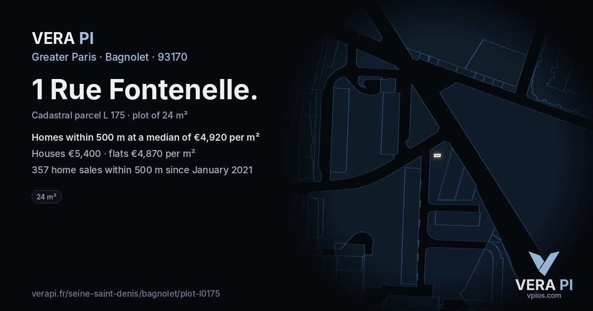 1 Rue Fontenelle, Bagnolet at night – the plot lit, the parcels around coloured by the prices near them