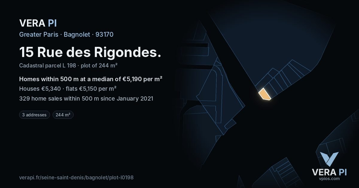 15 Rue des Rigondes, Bagnolet at night – the plot lit, the parcels around coloured by the prices near them