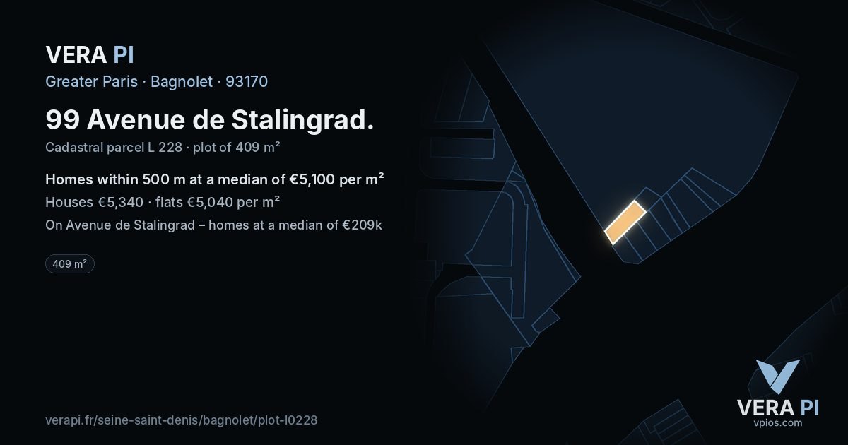 99 Avenue de Stalingrad, Bagnolet at night – the plot lit, the parcels around coloured by the prices near them