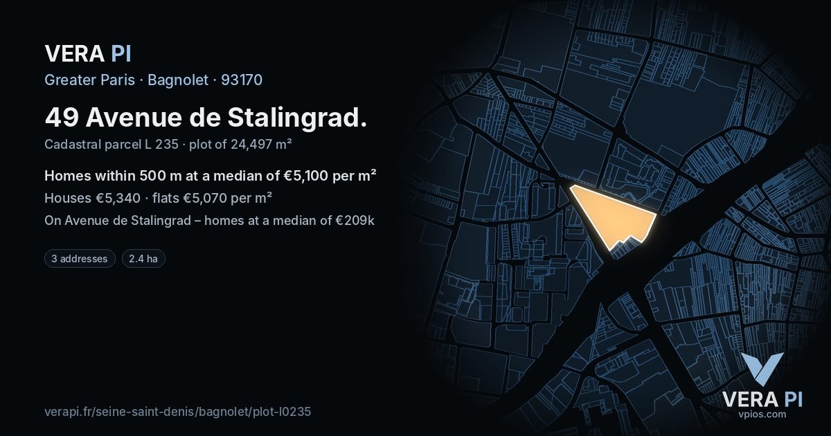 49 Avenue de Stalingrad, Bagnolet at night – the plot lit, the parcels around coloured by the prices near them