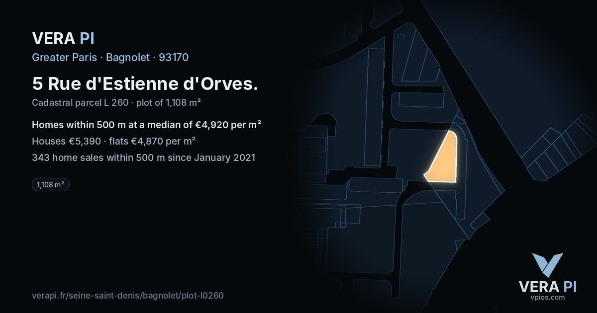 5 Rue d'Estienne d'Orves, Bagnolet at night – the plot lit, the parcels around coloured by the prices near them