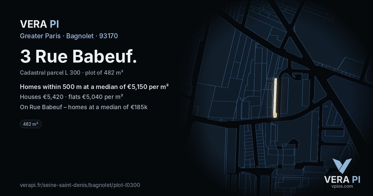 3 Rue Babeuf, Bagnolet at night – the plot lit, the parcels around coloured by the prices near them