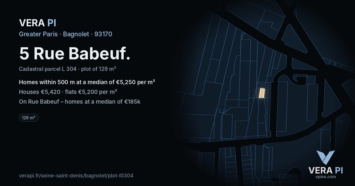 5 Rue Babeuf, Bagnolet at night – the plot lit, the parcels around coloured by the prices near them