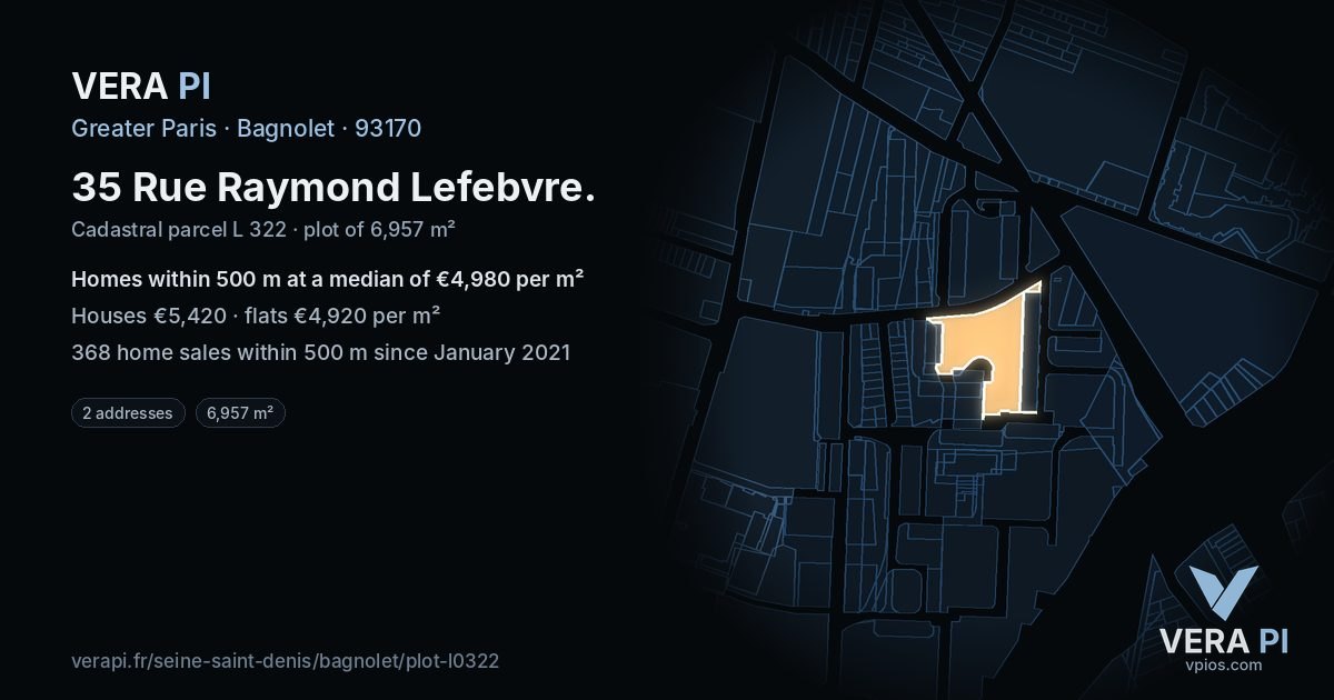 35 Rue Raymond Lefebvre, Bagnolet at night – the plot lit, the parcels around coloured by the prices near them