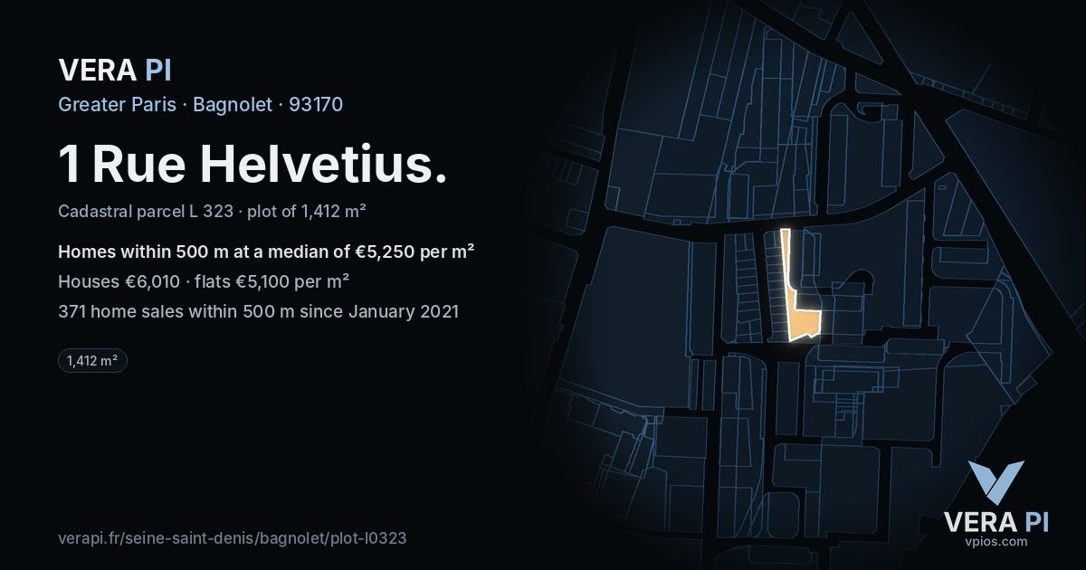 1 Rue Helvetius, Bagnolet at night – the plot lit, the parcels around coloured by the prices near them