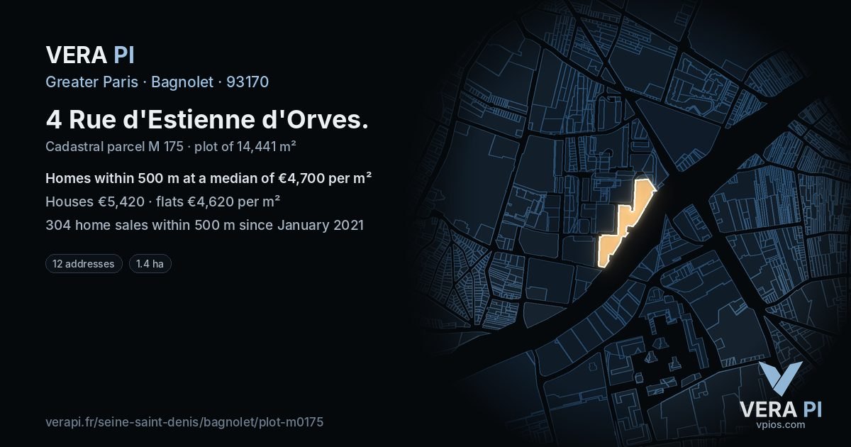 4 Rue d'Estienne d'Orves, Bagnolet at night – the plot lit, the parcels around coloured by the prices near them