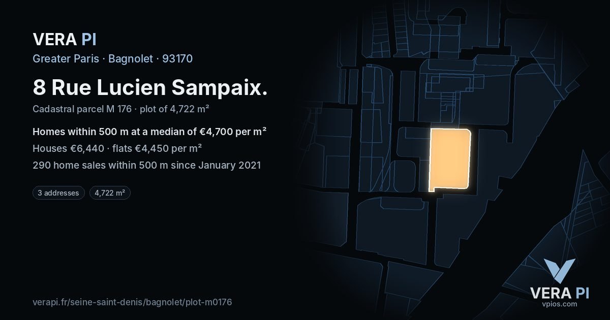 8 Rue Lucien Sampaix, Bagnolet at night – the plot lit, the parcels around coloured by the prices near them