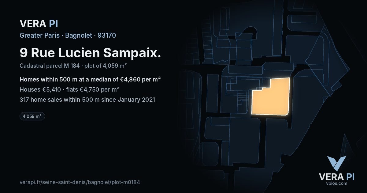 9 Rue Lucien Sampaix, Bagnolet at night – the plot lit, the parcels around coloured by the prices near them