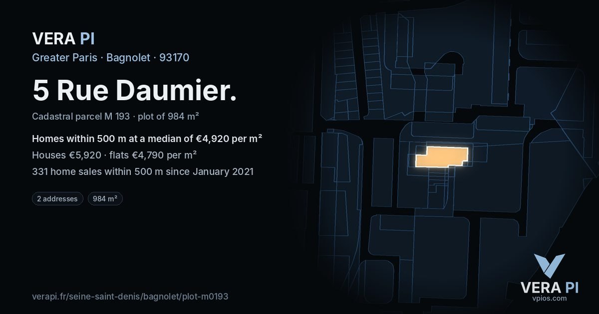 5 Rue Daumier, Bagnolet at night – the plot lit, the parcels around coloured by the prices near them