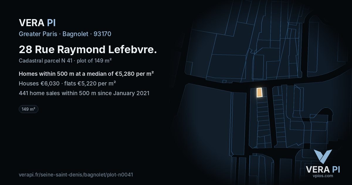 28 Rue Raymond Lefebvre, Bagnolet at night – the plot lit, the parcels around coloured by the prices near them