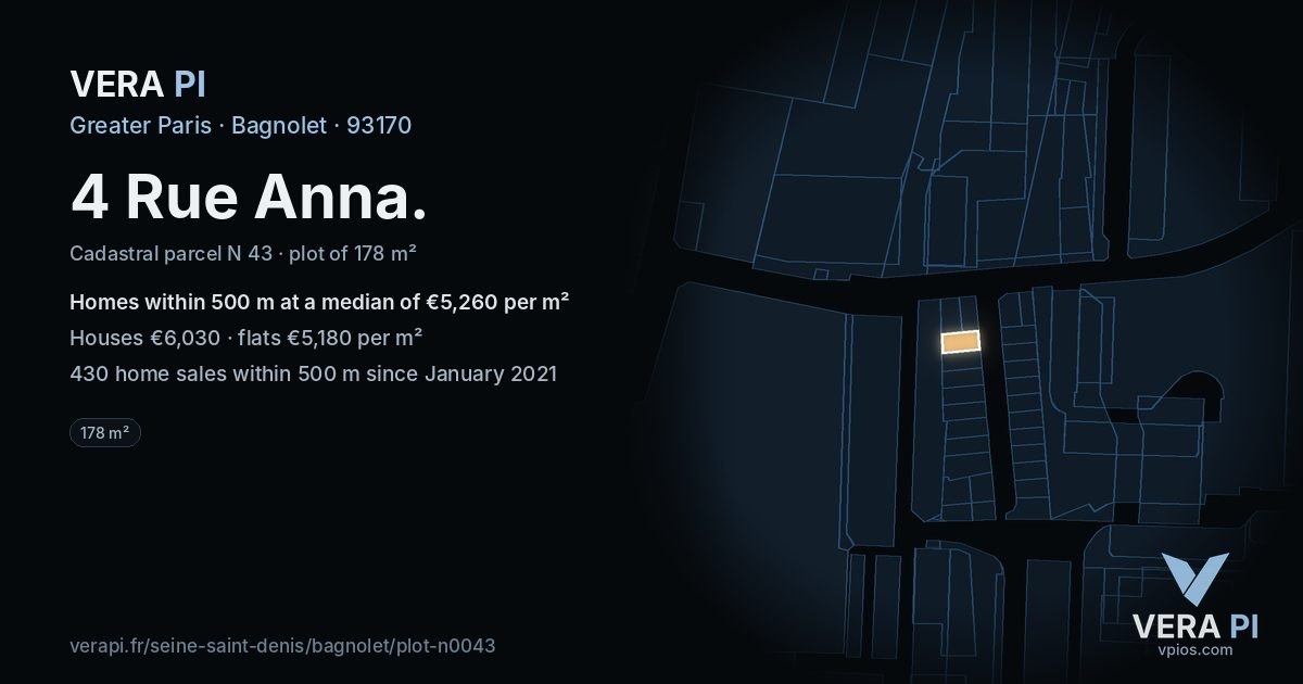 4 Rue Anna, Bagnolet at night – the plot lit, the parcels around coloured by the prices near them