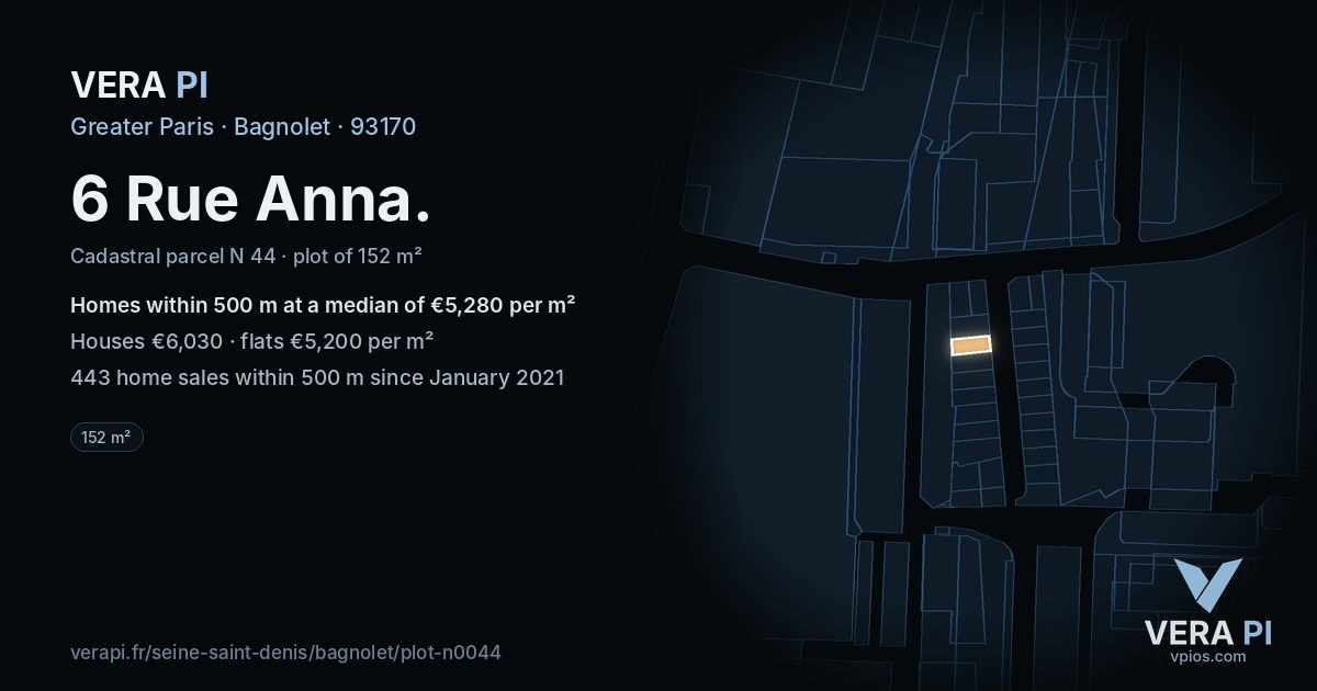 6 Rue Anna, Bagnolet at night – the plot lit, the parcels around coloured by the prices near them