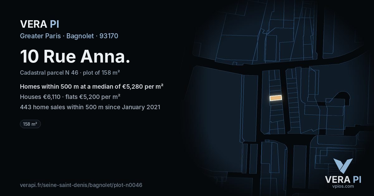 10 Rue Anna, Bagnolet at night – the plot lit, the parcels around coloured by the prices near them