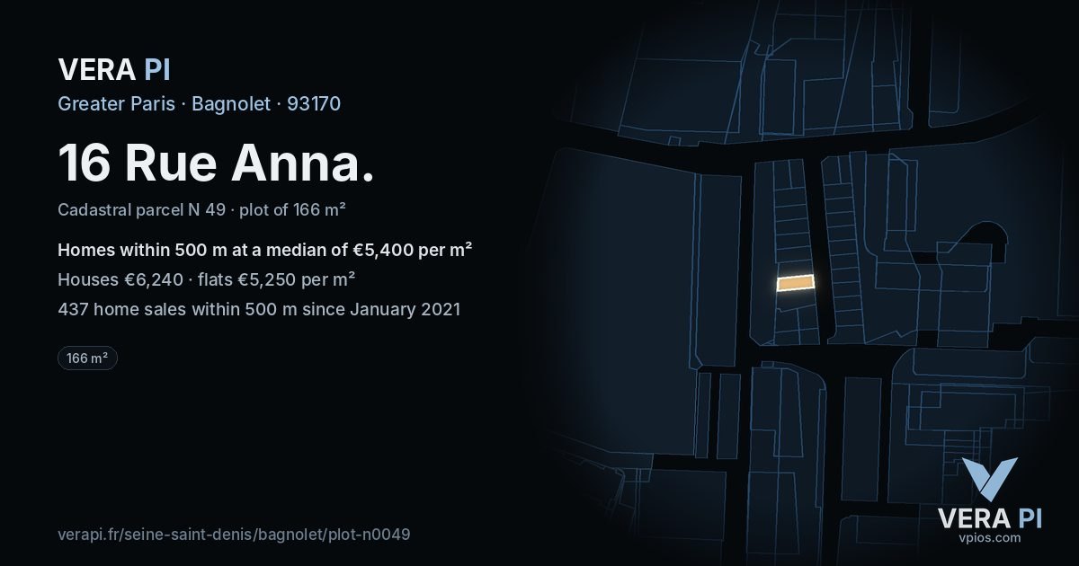 16 Rue Anna, Bagnolet at night – the plot lit, the parcels around coloured by the prices near them