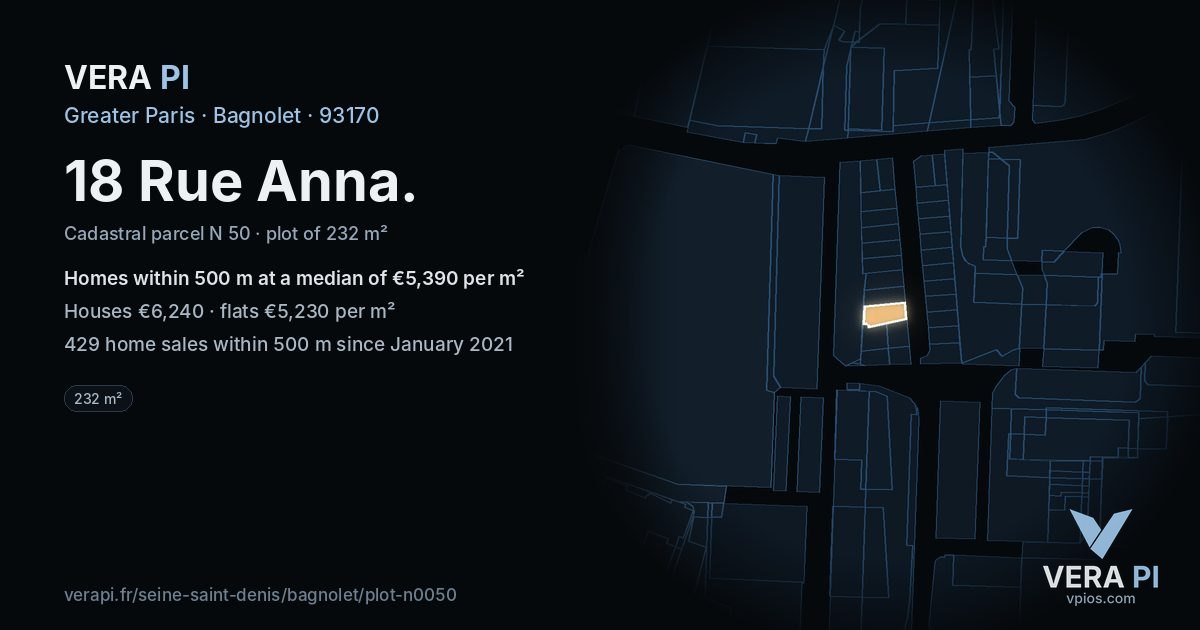 18 Rue Anna, Bagnolet at night – the plot lit, the parcels around coloured by the prices near them