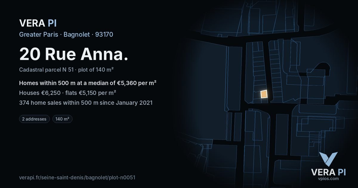 20 Rue Anna, Bagnolet at night – the plot lit, the parcels around coloured by the prices near them