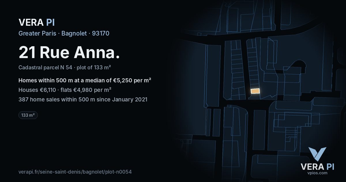 21 Rue Anna, Bagnolet at night – the plot lit, the parcels around coloured by the prices near them