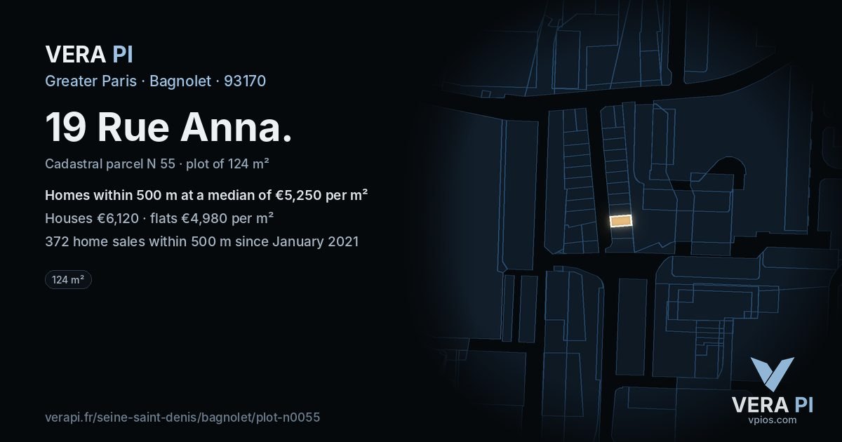 19 Rue Anna, Bagnolet at night – the plot lit, the parcels around coloured by the prices near them