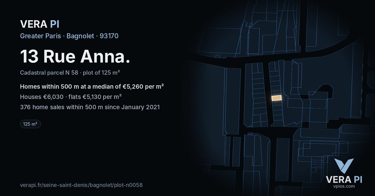 13 Rue Anna, Bagnolet at night – the plot lit, the parcels around coloured by the prices near them
