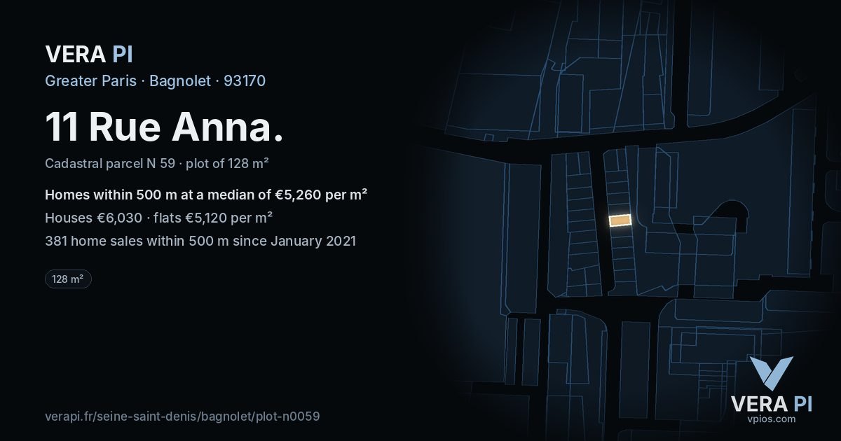 11 Rue Anna, Bagnolet at night – the plot lit, the parcels around coloured by the prices near them