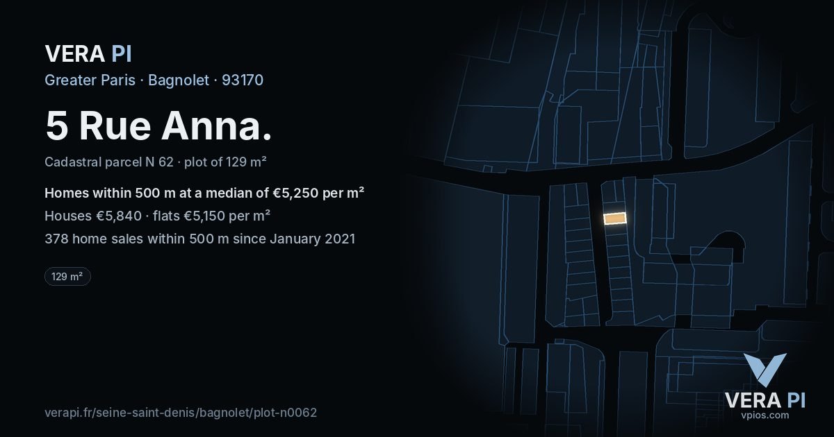 5 Rue Anna, Bagnolet at night – the plot lit, the parcels around coloured by the prices near them