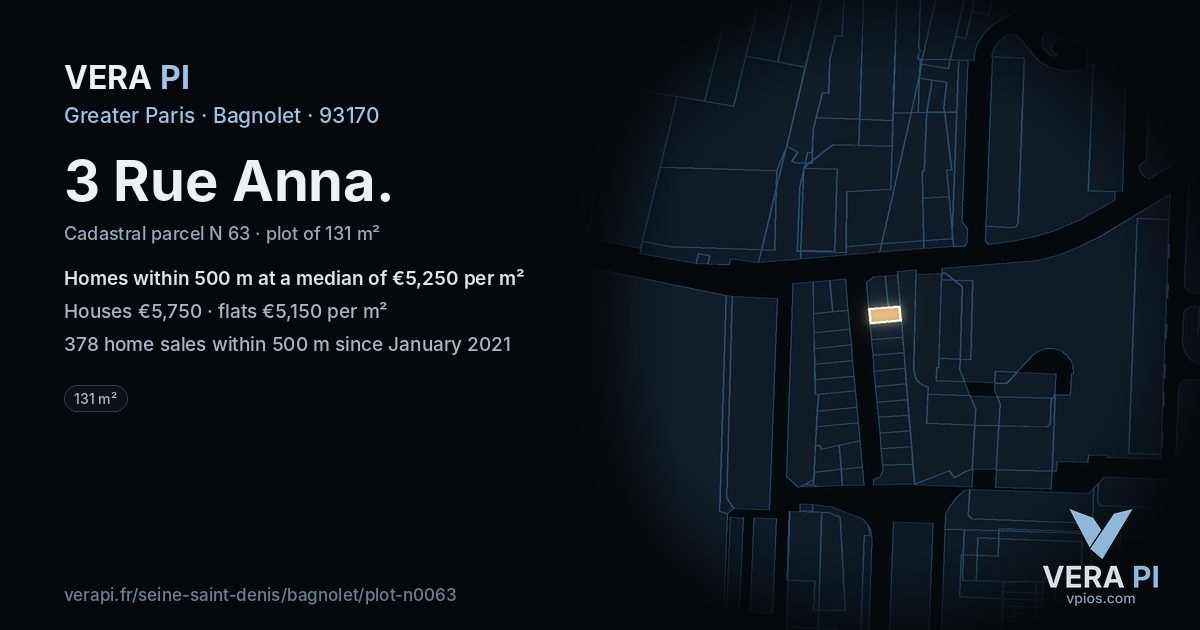 3 Rue Anna, Bagnolet at night – the plot lit, the parcels around coloured by the prices near them