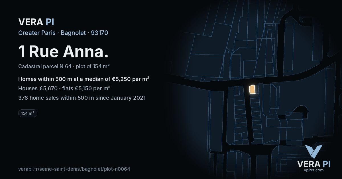 1 Rue Anna, Bagnolet at night – the plot lit, the parcels around coloured by the prices near them