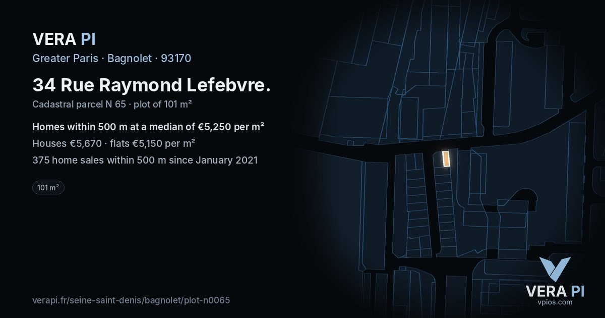 34 Rue Raymond Lefebvre, Bagnolet at night – the plot lit, the parcels around coloured by the prices near them