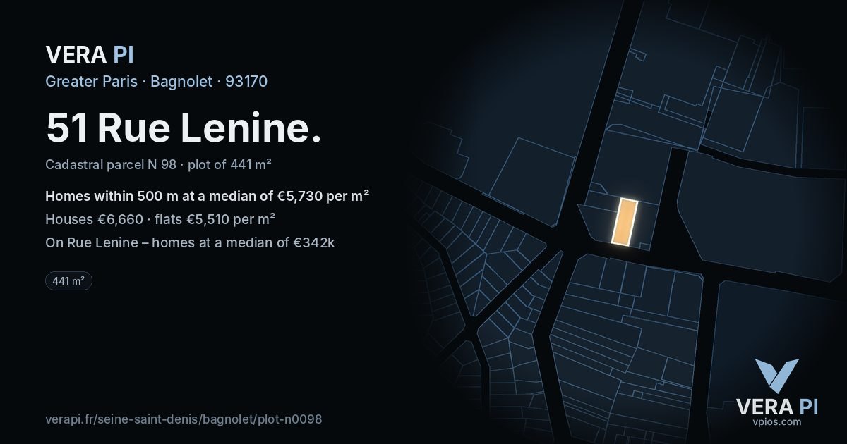 51 Rue Lenine, Bagnolet at night – the plot lit, the parcels around coloured by the prices near them