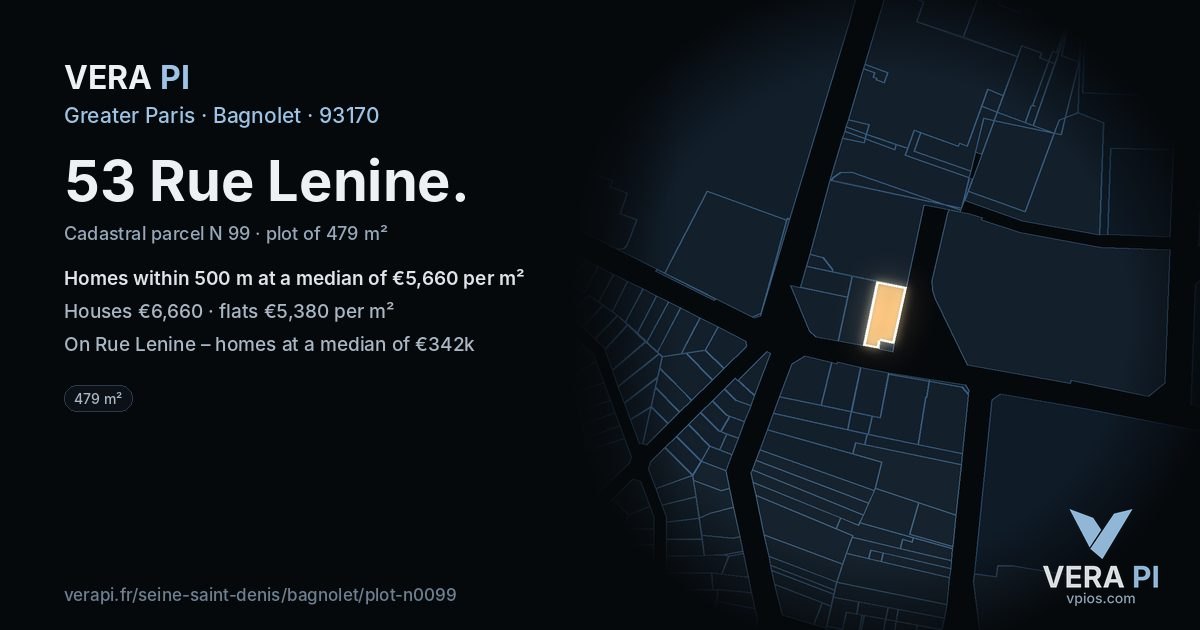 53 Rue Lenine, Bagnolet at night – the plot lit, the parcels around coloured by the prices near them