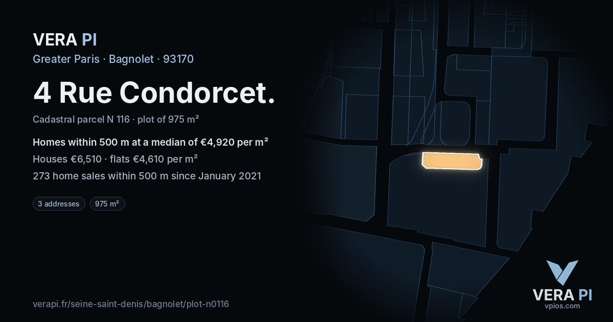 4 Rue Condorcet, Bagnolet at night – the plot lit, the parcels around coloured by the prices near them