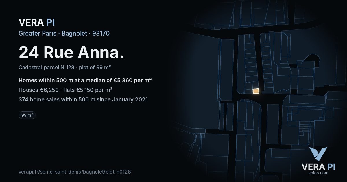 24 Rue Anna, Bagnolet at night – the plot lit, the parcels around coloured by the prices near them