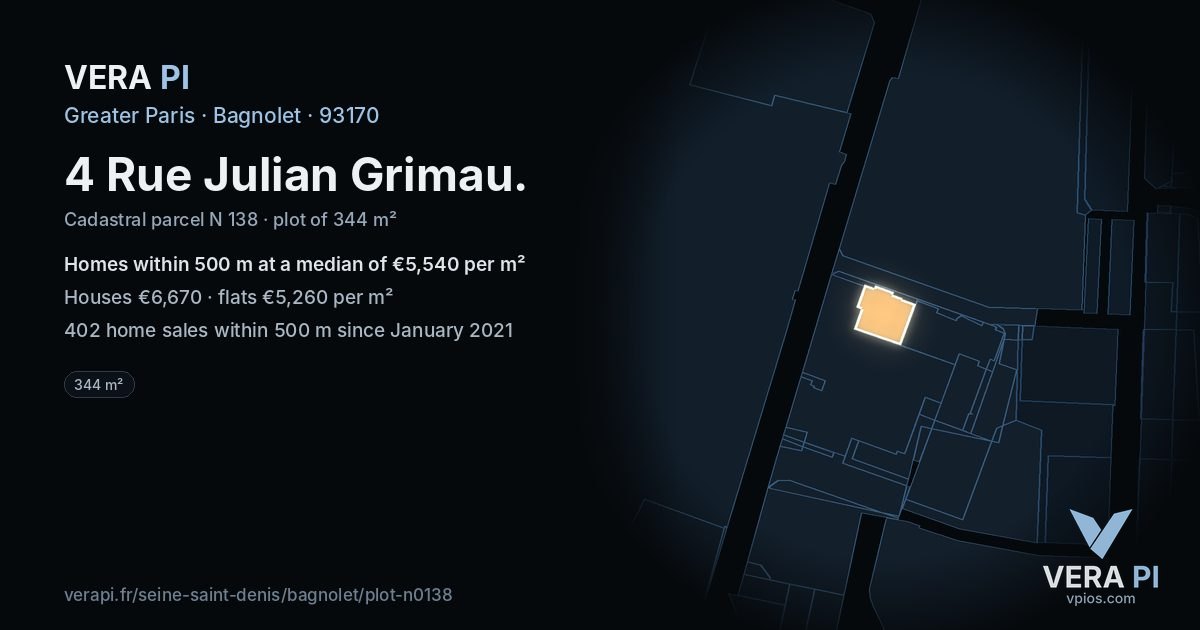 4 Rue Julian Grimau, Bagnolet at night – the plot lit, the parcels around coloured by the prices near them