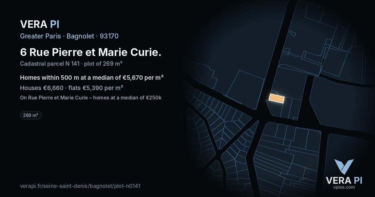 6 Rue Pierre et Marie Curie, Bagnolet at night – the plot lit, the parcels around coloured by the prices near them