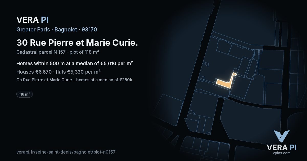 30 Rue Pierre et Marie Curie, Bagnolet at night – the plot lit, the parcels around coloured by the prices near them