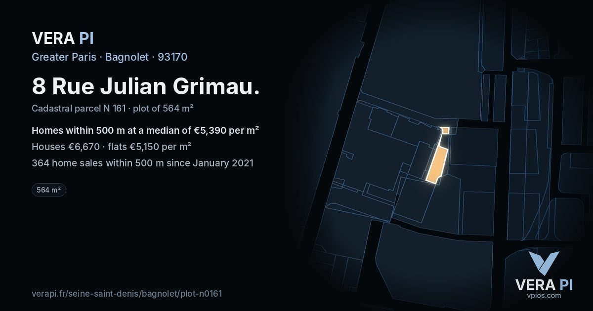 8 Rue Julian Grimau, Bagnolet at night – the plot lit, the parcels around coloured by the prices near them