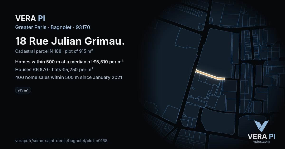 18 Rue Julian Grimau, Bagnolet at night – the plot lit, the parcels around coloured by the prices near them