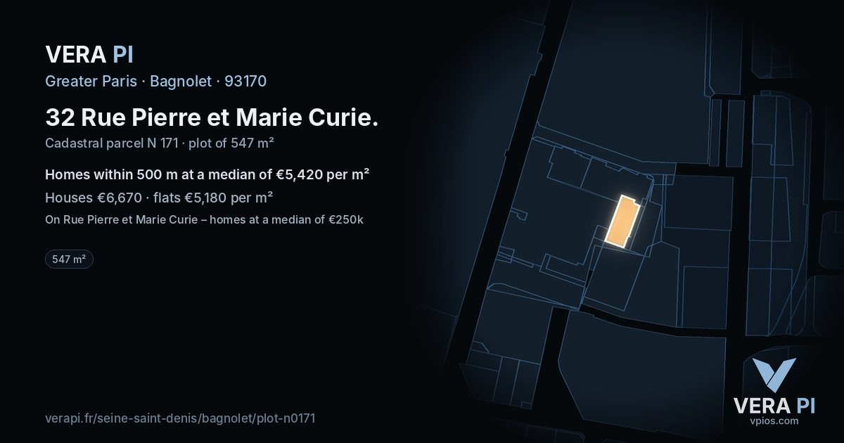 32 Rue Pierre et Marie Curie, Bagnolet at night – the plot lit, the parcels around coloured by the prices near them